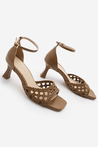 Marjin Women's Blunt Toe Ankle Strap Hand Braided Heeled Sandals Lonpe Camel