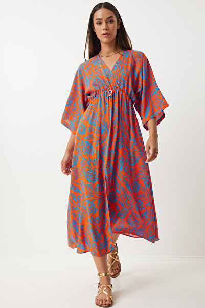 Lovelyİstanbul Orange Blue Viscose Summer Dress - Wraped Collar, Patterned Ld...