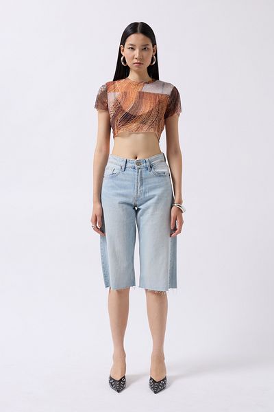 Black Fashion Πορτοκαλί μπλούζα από τούλι με μισό μανίκι