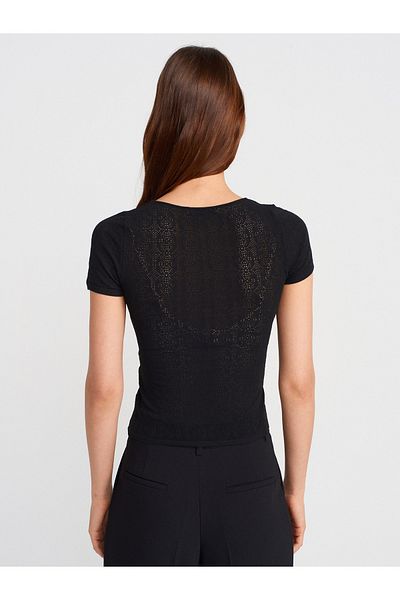 Dilvin 10755 Short Sleeve Lace Textured Thin Knitwear Blouse-Black