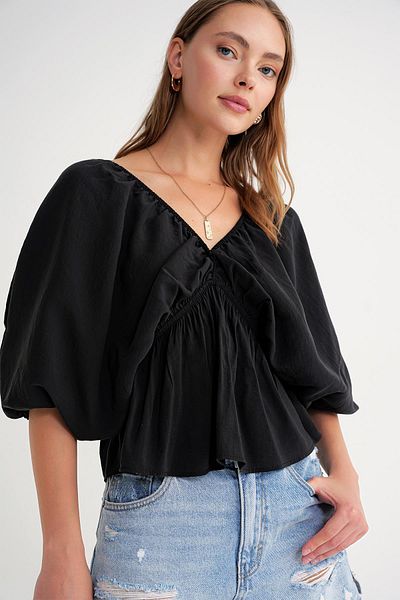 Mixray 4703 Women's V-Neck Elastic Modal Blouse Black