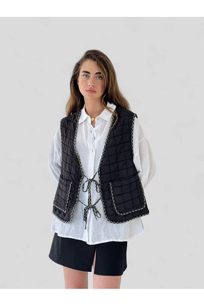 Retrobird Design Front Lace up Quilted Vest Women Anthracite