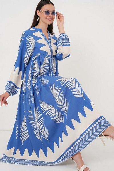 modaserdem 2423 Authentic Patterned Hijab Dress - H. Indigo