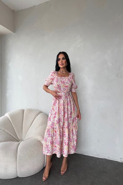 LİLA İSTANBUL Square Neck Floral Summer Dress with Gipeli Belt Detail