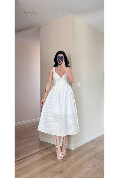 LOCH BUTİK Women's White Midi Strap Embroidered Dress