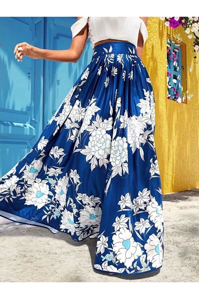 Silerra Women's Floral Printed Maxi Length Single Jersey Skirt