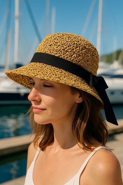 LAGRANZE Women's Hand Knitted Ribbon Detail Straw Hat Summer Short Brim Beach Hat