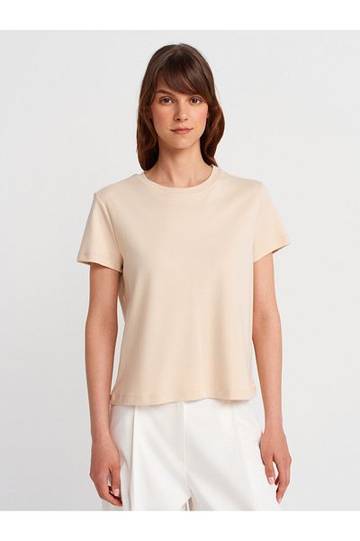 Dilvin 31757 Crew Neck T-Shirt with Stitching Detail-Stone