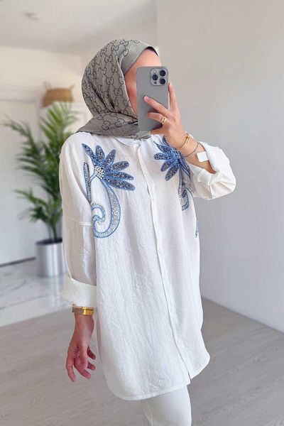 Ka Hijab Cămașă cu paiete Cannes - albă