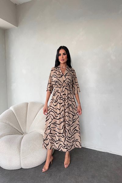 LİLA İSTANBUL Double Breasted Collar Patterned Viscose Fabric Summer Dress