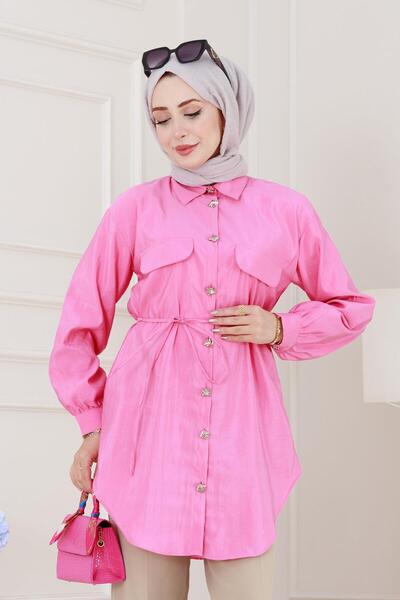Sevitli Cep Kapaklı Beli Bağcıklı Tunik-Pembe