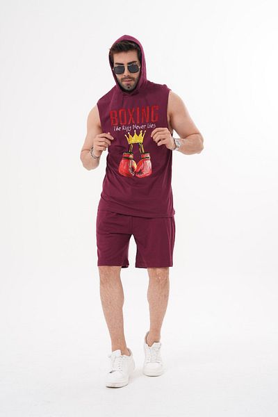 ACTIVE MODA للرجال - الملاكمة - قميص رياضي مطبوع - طقم شورت مكون من قطعتين مقاس كبير من القطن