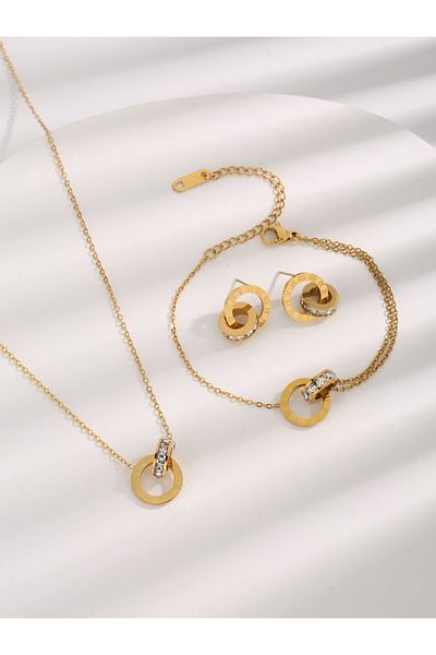Choice 50cm Gold-color Stainless Steel 18K Gold Plated Interlocking Circles Infinity Style Roman Numbers Co