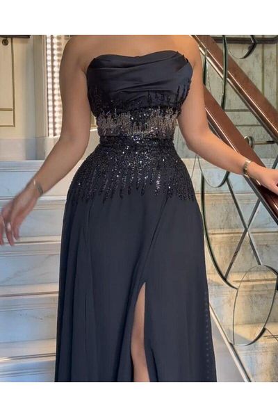 ALANOOD FASHION Long black dress with a waist tie