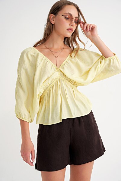 Mixray 4703 Women's V-Neck Elastic Modal Blouse Yellow