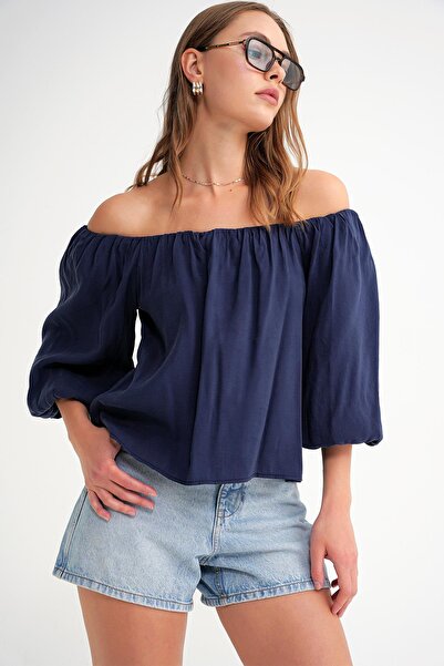 Mixray 4706 Women's Backless Balloon Sleeve Strapless Blouse Navy Blue