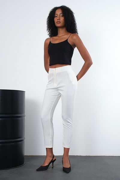 Bolivente Ecru High Waist Narrow Leg Woven Trousers