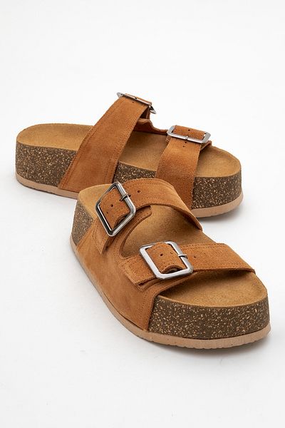 Ataköy Ayakkabı Women's Leather Thick Sole Buckle Slippers