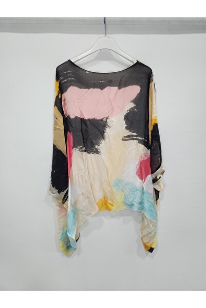 della moor Beige Italian Color Patterned Bat Sleeve Silk Blend Blouse