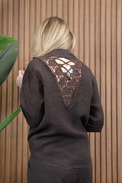 MİSLİNA BUTİK İthal Keten Dantel Detay Bağlamalı Kahve Gömlek