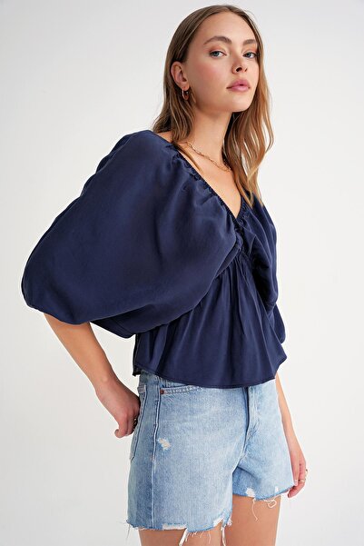 Mixray 4703 Women's V-Neck Elastic Modal Blouse Navy Blue