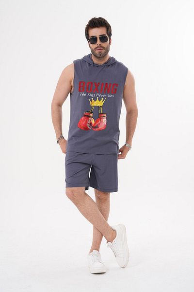 ACTIVE MODA Men's -Boxing -Printed Sports Singlet - Shorts Set of 2 Large Size Cotton