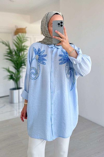Ka Hijab Cămașă cu paiete Cannes - Albastru