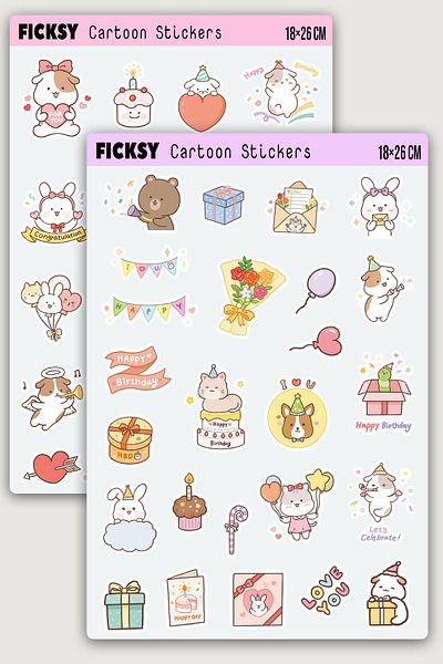 Ficksy Kawaii Style Cute Animals Birthday Themed Sticker Set - 44 Pieces of Sticker Stickers