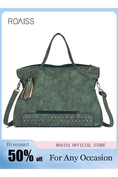 ROAISS Large Capacity Tote Handbag Travel Retro Rivet Tassel Crossbody Shoulder Bags for Women