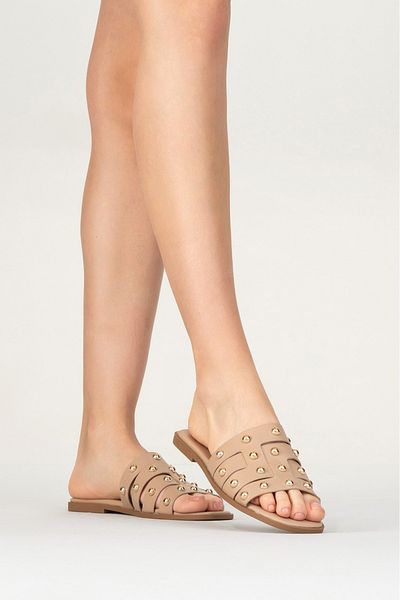 PASSAGE SHOES Women's Faux Leather Troc Detailed Slippers 6321 Nude