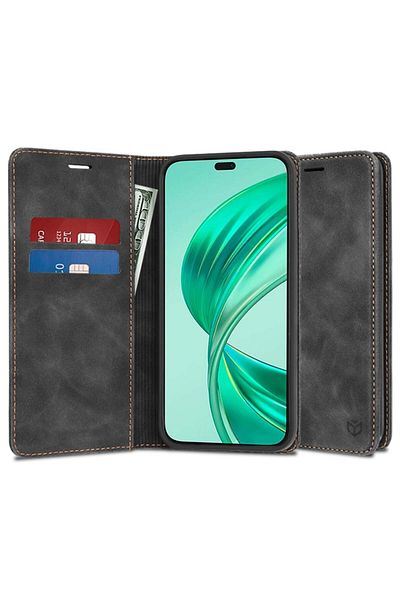 SKYDDAR INNOVATION Husă pentru Honor X8b, portofel moale, tip carte, piele ecologică premium, neagră, set de stickere