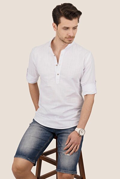 Etikmen Ανδρικό λινό πουκάμισο - Λευκό, ψηλός γιακάς, τρία κουμπιά, κουτί δώρου