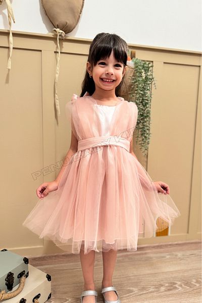 penu baby kids Powder Shoulder Bow Tulle Baby Girl Dress - Bow