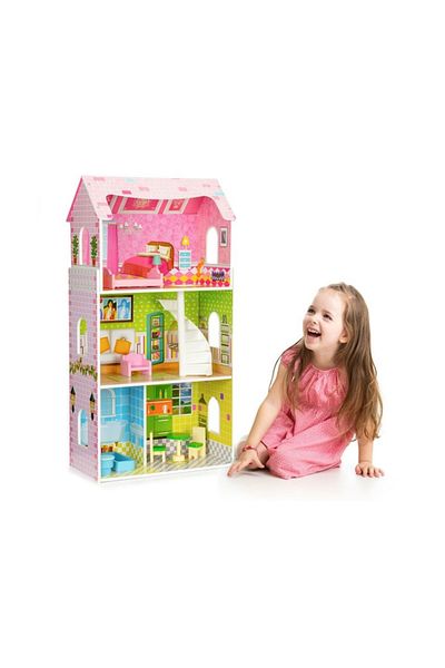 ideal STORE Wooden Dollhouse IdealSTORE Mint Residence, 93 cm, 3 Independent Levels, 5 Distinct Rooms, 8 Furnitu