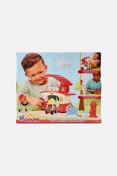 Little Tikes Lets Go Cozy Coupe Fire Station Playset with Fire Truck Mini Push and Play Vehicle