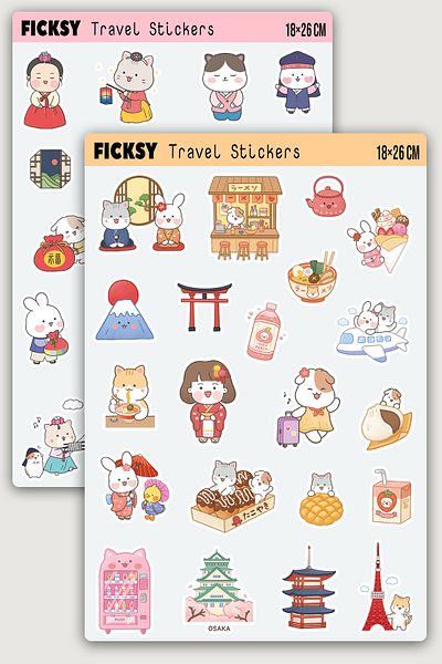 Ficksy Kawaii Cute Animals Japan Korea Travel Themed Sticker Set - 46 Pieces Travel Sticker Stickers