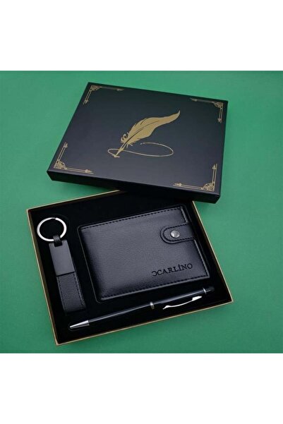 Store Kutulu Siyah Tükenmez Kalem, Cüzdan Ve Anahtarlık Seti