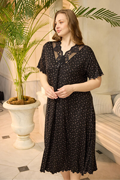 Miss Meryem Çiçek Desenli Siyah Ring Viskon Kısa Kol Elbise