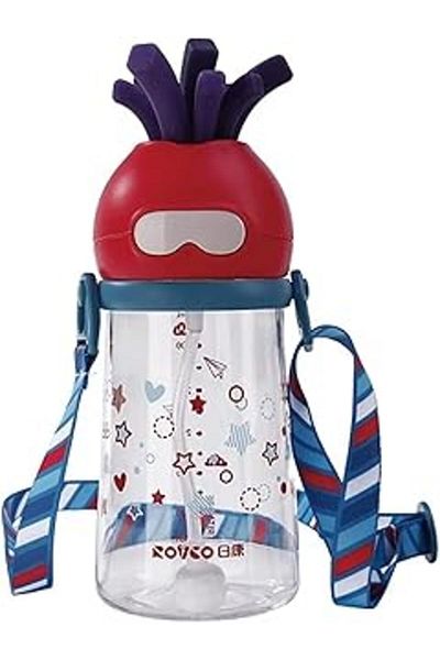 Mu Art Ahşap Rovco 320ml Smart Straw with Fun Pattern Tritan Water Bottle with Straw and Hanger (Red)