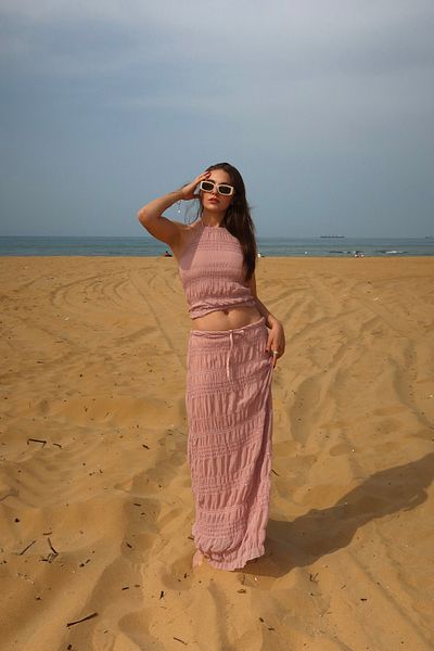 Laluvia Pink Sequin Chiffon Blouse Skirt Set