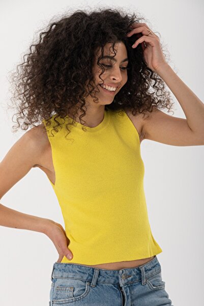 İLKCET MODA Basic Yellow Sleeveless Crop Women's Knitwear