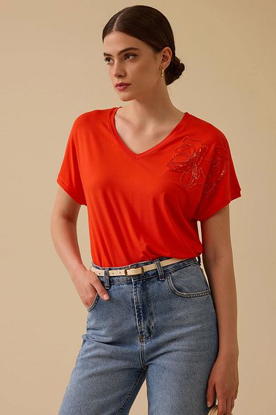 SEÇİL Seçil Women's V-Neck Embroidered Combed Cotton Blouse 0008 Coral