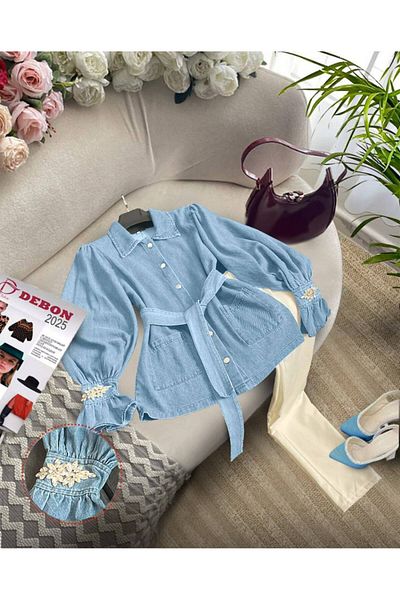 zümrüt moda Sleeve Stone Detailed Jacket and Pants, Double Denim Suit 1796