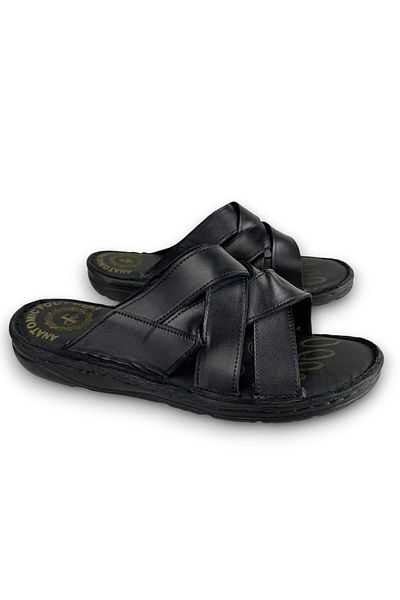 Waresta Black Genuine Leather Orthopedic Sole Daily Men's Slippers Frns42