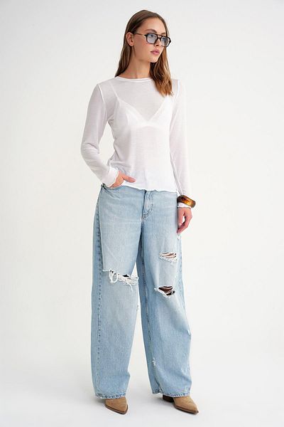 Mixray 2014 Women's Crew Neck Summer See-Through Blouse White