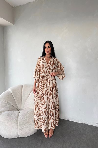 LİLA İSTANBUL Double Breasted Collar Bat Sleeve Ethnic Pattern Oversize Summer Dress