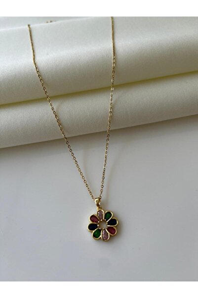 Nilsu Jewellery Accessory Çelik Renkli Taşlı Çiçek Detaylı Kadın Kolye