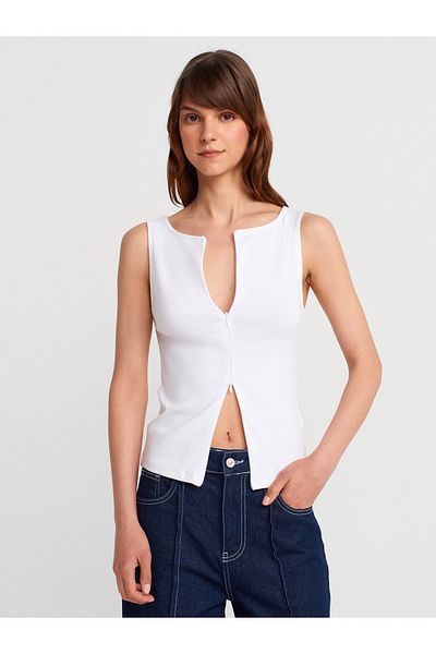 Dilvin 31764 Zipper Detailed Top-White