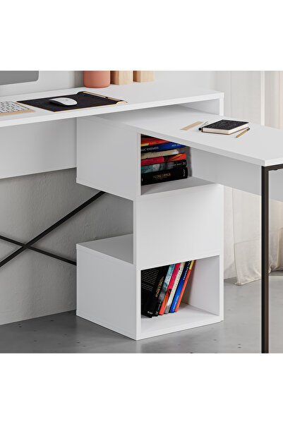 Mourah Home Badau L-Shaped Rotating Desk with Storage, Bookshelf & Shelves – Modern Industrial Work Table