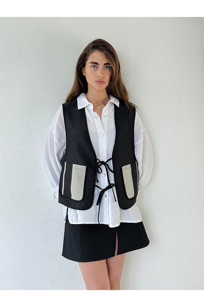 Retrobird Design Front Lace-Up Vest Women Dark Gray